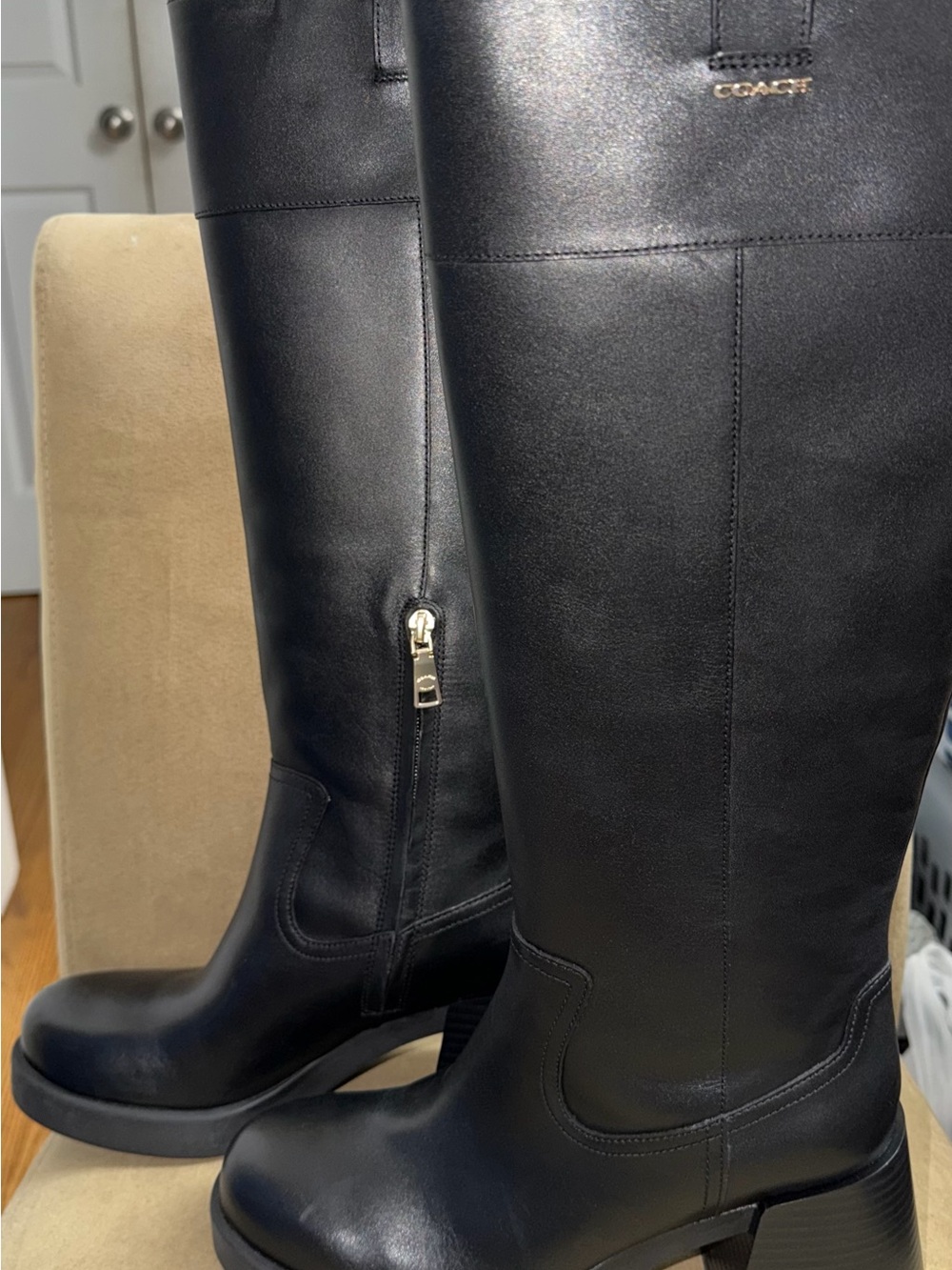 Coach Black Leather Knee-High Zip Heeled Boots